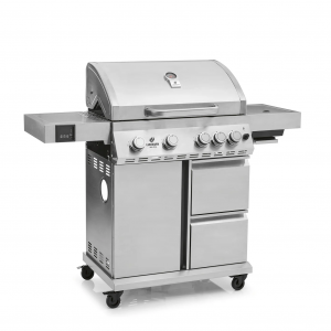 Landmann gasolgrill. 4 huvudbrännare. 1 sidobrännare. Gjutjärnsgaller. Grillyta: 76x41 cm. Inb. stektermometer. LED-vred. Rostfri. (Cool Steel MaxX 4.1) - Fri hemleverans