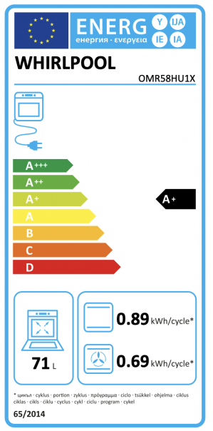 Energidekal Whirlpool inbyggnadsugn. 71L. Självrengöring:Hydrolytisk teknik: Hydrolys. Energiklass A+. rostfri, självrengörande - OMR58HU1X - 2 års garanti