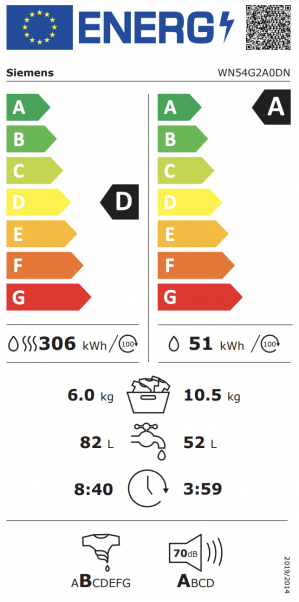 Energidekal Siemens iQ500, Kombinerad tvätt och tork, 10.5/6 kg, 1400 v/min (WN54G2A0DN) Fri frakt. - 2 års garanti