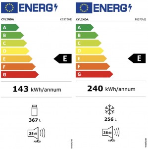 Energidekal Cylinda Kylskåp. 173 cm. Högerhängd. Vit. (K6375HE) (1003865) + Frysskåp. 173 cm. Vänsterhängd. Vit. (F6375VE) (1004237) - 2 års garanti