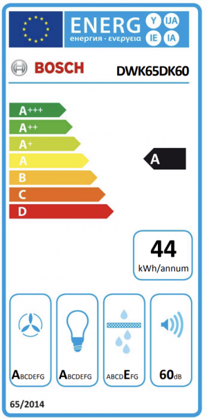Energidekal Bosch Serie 2, Vägghängd köksfläkt, 60 cm, Klarglas med svart tryck (DWK65DK60) - 2 års garanti
