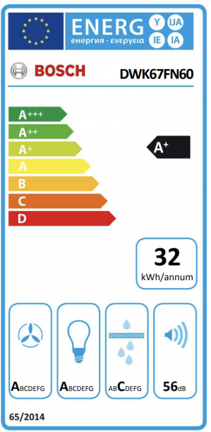 Energidekal Bosch Serie 4, Vägghängd köksfläkt, 60 cm, Klarglas med svart tryck (DWK67FN60) - 2 års garanti