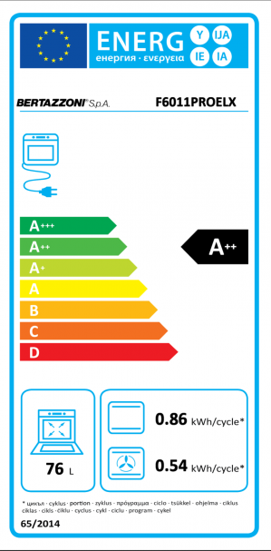 Energidekal Bertazzoni Professional-serien. 60 cm. Varmluftsugn. Rostfri. LCD-display. 76L. 11 funktioner. (F6011PROELX) - 5 års garanti