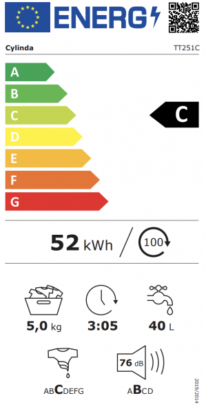 Energidekal Cylinda Toppmatad tvättmaskin. 5 kg. Vit. 10 program. Energiklass: C (TT251C - 1004615) - 2 års garanti. Fri hemleverans
