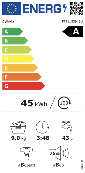 Energidekal Cylinda frontmatad tvättmaskin. 9kg. 55,7 cm djup. 12 program. Ångfunktion. Touchdisplay. Energiklass A. Antracit-grå. (FT911G394BIA) Fri hemleverans. - 2 års garanti.