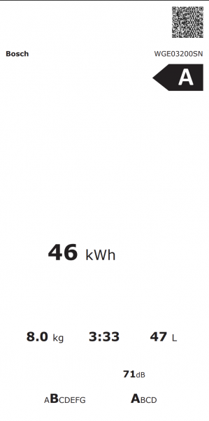 Energidekal Bosch Serie 2. Frontmatad tvättmaskin. 8kg. 1200v/min. Energiklass A. Vit. (WGE03200SN) Fri hemleverans. - 2 års garanti
